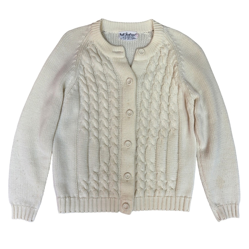 Vintage Full Fashioned Cream Cable Knit Cardigan Sweater Button Front White